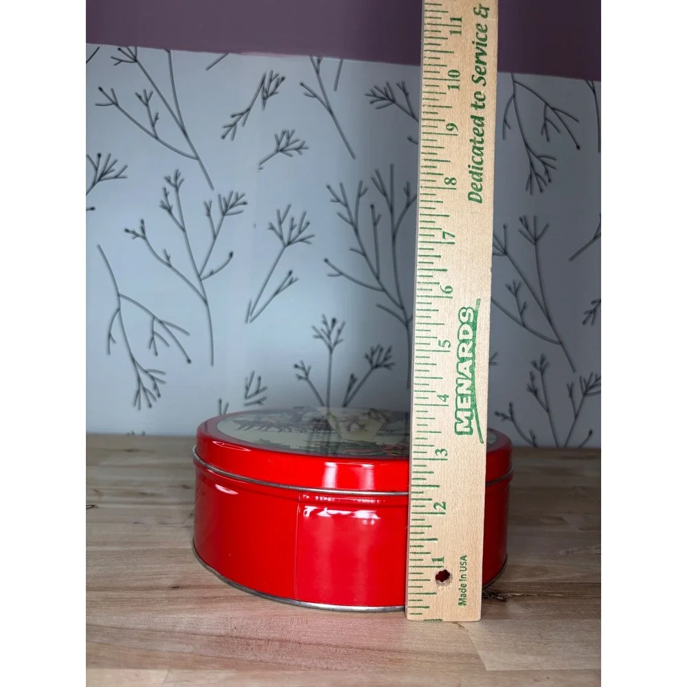 Vintage DeLuxe Fruit Cake Tin Collin Street Bakery Texas Winter Scene Red Metal